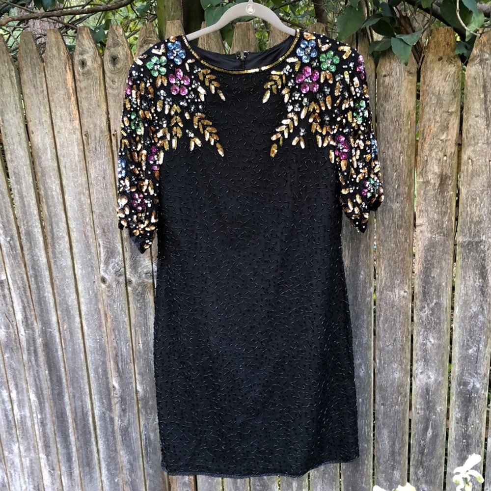 Beaded Sequin Dress Sheath Vintage 80s Party New Years Cocktail
